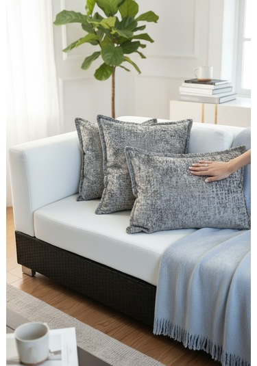 Kırlent İthal Kadife Kumaş 3'lü Set - Yumuşak Dokulu Dekoratif Özel Tasarım Kırlent Kılıfı Açık Gri