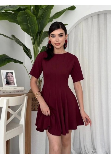 Crem Pliseli Elbise Bordo