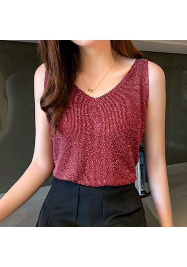 Şarap Kırmızısı Kadın Buz Ipek Elmas Kaşkorse Kadın Gevşek Kısa Kolsuz Vahşi V Yaka Dibe Gömlek Tankı Yaz Camiş Ve Tank Üstleri