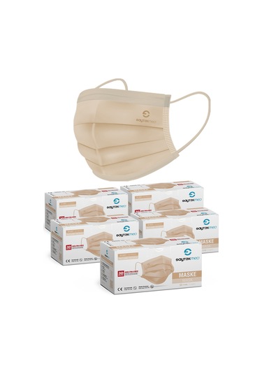 Saytekmed Meltblown Filtreli, Yassı İpli, 3 Katlı Bej Maske (5 Kutu/250 Adet)