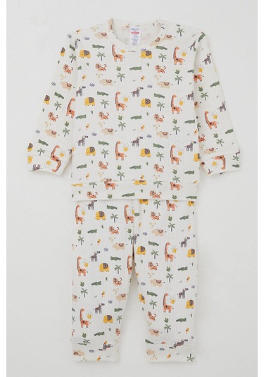 Breeze Erkek Bebek Pijama Takımı Omuzdan Patlı Bebek Hayvanat Bahçesi 4 Ay-1 Yaş, Ekru Ekru