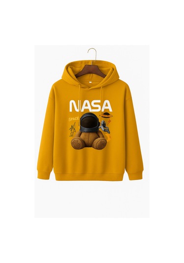 Kokina Unisex Nasa Ayıcık Baskılı Kapüşonlu Sweatshirt Sarı