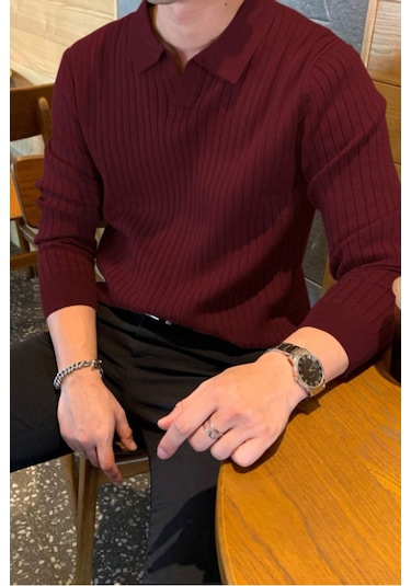 Cool Tarz Erkek Polo Yaka Triko Kazak Slim Fit Fitilli Bordo
