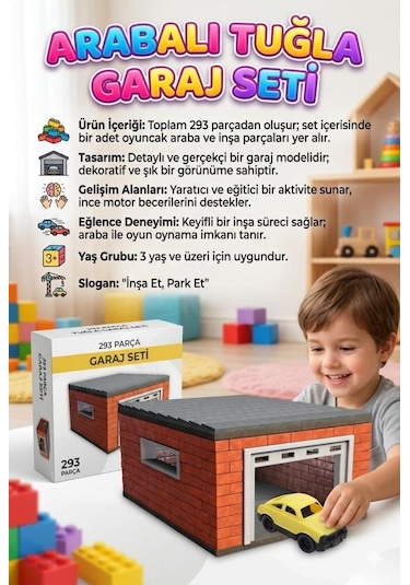 293 Parçalı Oyuncak Arabalı Minyatür Tuğlalı Garaj Tasarımlı Eğitici Yapı Oyuncak Seti