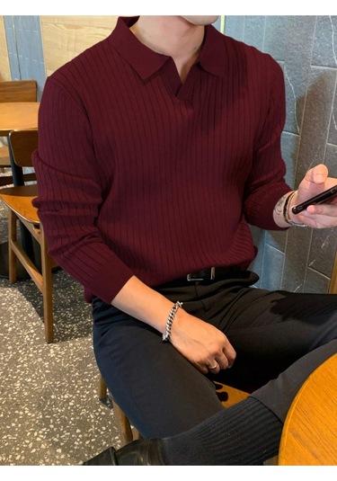 Bordo Erkek Polo Yaka Fitilli Triko Kazak Bordo