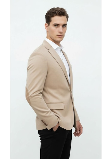 Plus Scorpion Bej Erkek İtalyan Kesim Blazer Ceket Kol Yamali, Slim Fit, Şık Ve Modern Tasarım Bej