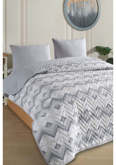 Tek Kişilik Desenli Kapitone Çift Taraflı Renkli Pike Yatak Örtüsü Takımı 160x230 Cm Çarşafsız Gri