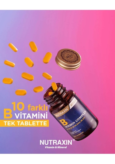Nutraxin B Complex Vitamin 60 Tablet - B1, B2, B3, B5, B6, B12, Folik Asit, Biotin, Kolin, İnositol