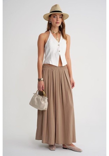 4612 Kadın Yandan Cepli Pileli Bol Etek Toprak Toprak