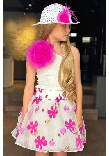 Riccotarz Kız Çocuk Tek Omuzlu Gül Detaylı Bluz Ve Jakar Desenli Fuşya Etekli Takım 001