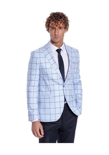 Kare Desenli Slim Fit Açık Mavi Erkek Ceket 001