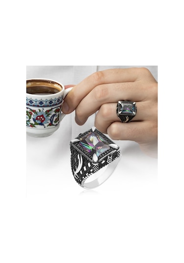 Zülfikar Desenli Kare Mistik Topaz Taşlı 925 Gümüş Erkek Yüzük
