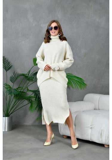 Kadın Balıkçı Yaka Oversize Kazak Uzun Etek İkili Triko Takım Taş