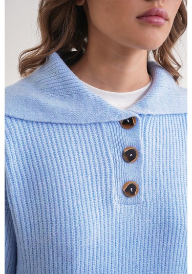 6900 Kadın Düğmeli Devrik Yaka Triko Kazak Bebe Mavi Bebe Mavi