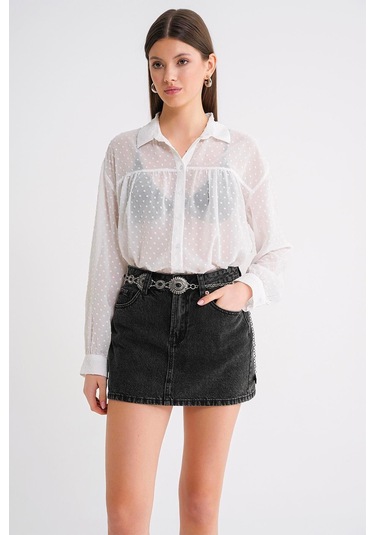 4678 Kadın İnce Desenli Robalı Yazlık Transparan Gömlek Beyaz Beyaz