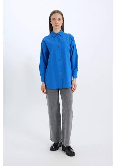 DeFacto Relax Fit Poplin Basic Düz Uzun Kollu Gömlek Tunik D7342AX25SPBE463 Mavi DeFacto Relax Fit Poplin Basic Düz Uzun Kollu Gömlek Tunik D7342AX25SPBE463 Mavi