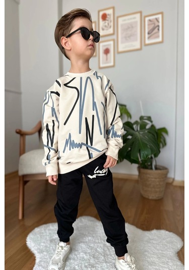 Çizgi Desenli Siyah Renk Erkek Çocuk Eşofman Takım Siyah