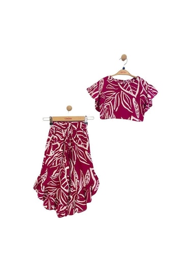 Kız Çocuk Beli Lastikli Desenli Pantolon Bluz Takım-13948 Fuşya