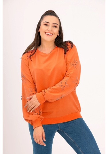 Kolları Yıldız Taş Baskılı Sweatshirt Turuncu