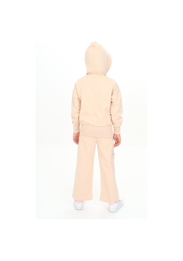 Toontoy Kız Çocuk Kapüşonlu Fermuarlı Fırfır Detaylı Eşofman Takım Bej