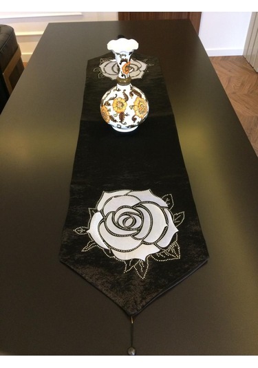Finezza Siyah Kadife Gül Baskılı 3D Taşlı Püsküllü Runner