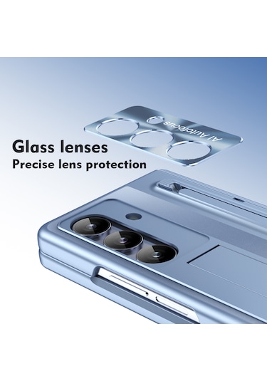 Samsung Galaxy Uyumlu Z Fold7 5g Kılıf, Temperli Cam Filmli, Kalemli, Ayaklı Menteşeli Pc Telefon Kılıfı - Mavi Mavi