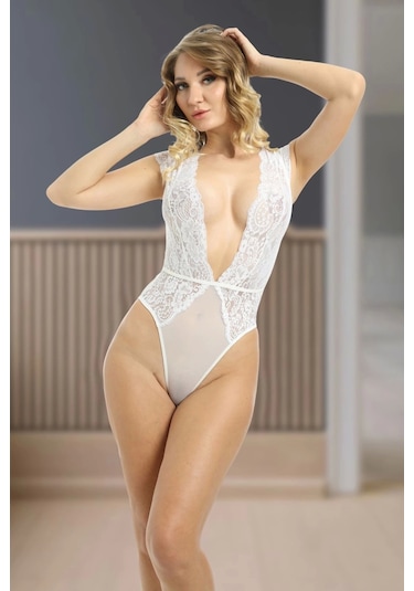 Xmldepot Beyaz Yarım Kol Dantel Bodysuit - 894 Beyaz