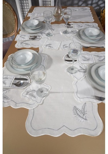 Viktori Keten Nakışlı Amerikan Servis Takımı 19 Parça Silver Gümüş