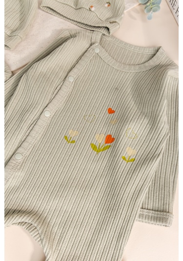 Babymod Çiçek Desenli Şapkalı 2'li Pamuklu Kız Bebek Tulum Set Yeşil