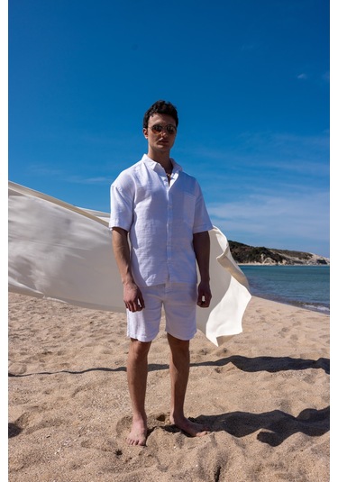 Keten Kumaş Beyaz Renk Cep Detaylı Gömlek Şort Erkek Takım-1733 Beyaz