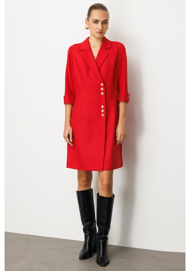 Ekol Kadın Kruvaze Yaka Düğmeli Elbise 4009 Kırmızı Kırmızı