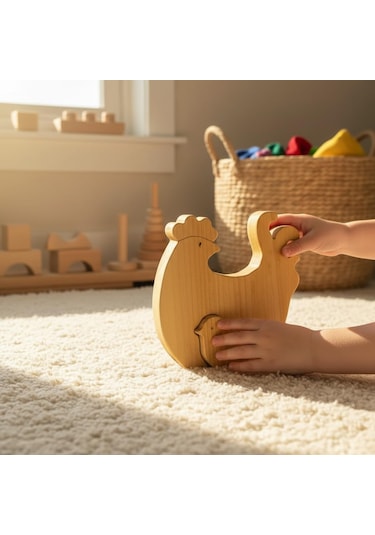 Simdale Wood İsimli Ahşap Tavuk Ve Civciv Puzzle - Eğitici Figür