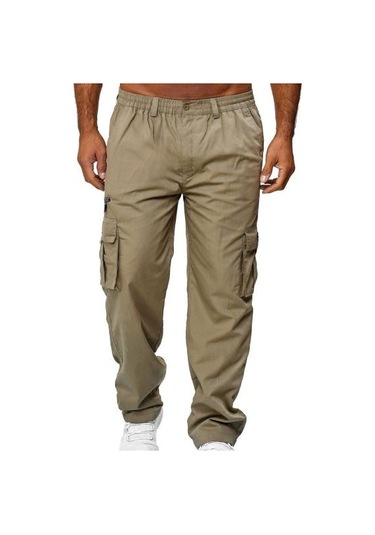 Ayw Erkek Pantolon Çok Cepli Düz Orta Bel Kargo Pantolon Günlük Giyim İçin Bej