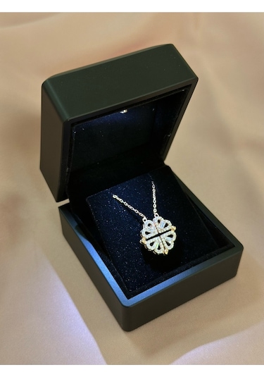 Nereze 925 Ayar Gümüş Işıklı Kutulu Mıknatıslı Açılır Kapanır Rose Yonca Kolye