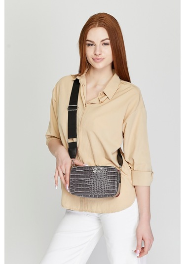 Morpelikan Gri Kroko İki Bölmeli Kadın Omuz Çantası Gri