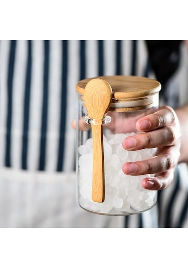 Qerhome Borosilikat Cam Bambu Kapaklı Ve Bambu Kaşıklı Baharat Seti 6 Adet 450ml ŞEffaf
