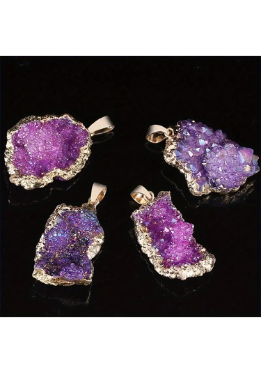 Bohem Tarzı Doğal Akik Geode Kolye, Altın Kenarlı Renkli Küme Doğal Taş Kolye Çok Renkli