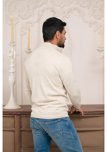 Woolen World Regular Fit Dik Yaka İnce Baharlık Triko Hırka Krem