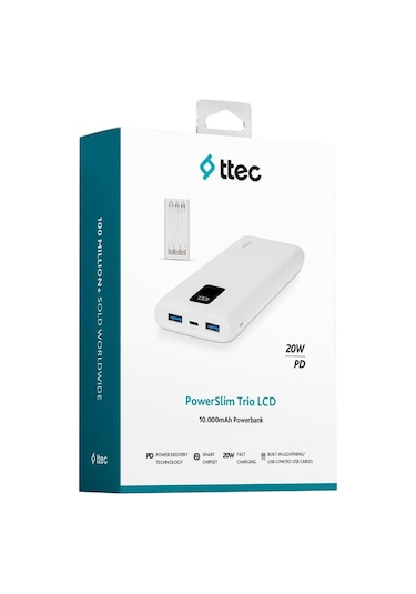 Ttec Powerslim Trio LCD 10.000 MAh PD 22.5 W Dahili Kablolu Taşınabilir Powerbank