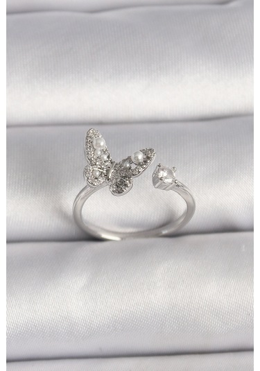 Pirinç Gümüş Renk Zirkon Taşlı Kelebek Model İnci Detay Ayarlanabilir Yüzük - Tj-byk3534