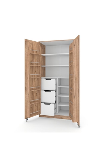 90 Derece Açılabilir 2 Kapaklı, 3 Çekmeceli, Kavanoz Raflı Kiler Ve Erzak Mutfak Dolabı Atlantik Çam