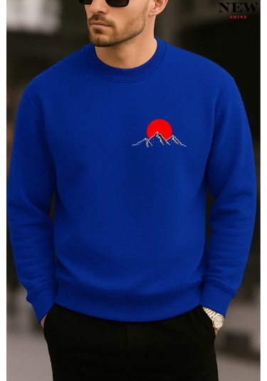 Kırmızı Dağ Baskılı Bisiklet Yaka Sweatshirt Saks Mavisi