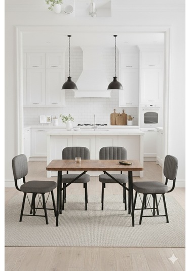 Elfin 70x110cm Sabit Atllantik Yemek Masası, Yemek Masası Takımı, Mutfak Masası, 4 Gri Sandalye Gri