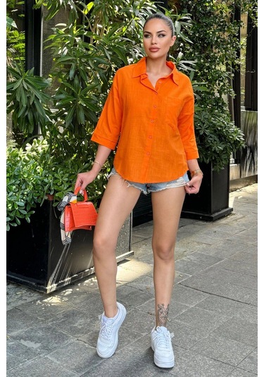Kadın Turuncu Truvakar Kol, Oval Kesim, Terletmez, Flamlı Keten Salaş Gömlek Turuncu
