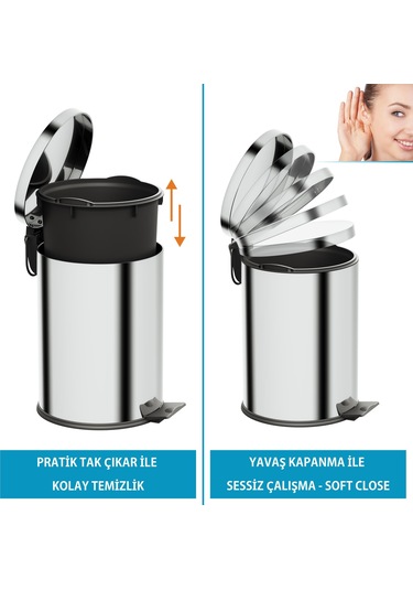 Aqua Bagno Basic Çöp Kovası - Pedallı 12 L, Parlak Krom Paslanmaz Krom