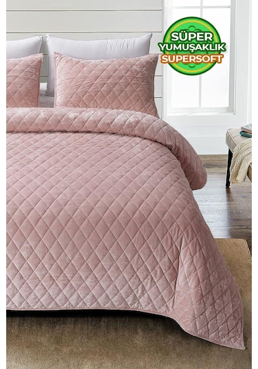 Evlen Home Kapitone Kadife Yatak Örtüsü Seti Tek Kişilik Supersoft 2 Parça Yumuşak Elyaf Dolgulu Pudra Bej