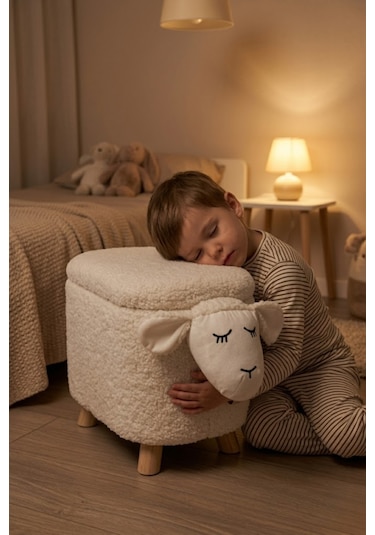 Argimo Mellow Kuzu Figürlü Bebek Çocuk Odası Sandıklı Puf Beyaz