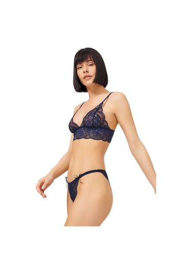 Lacivert Dantelli Transparan Balensiz Kadın Sütyen Takımı Lacivert