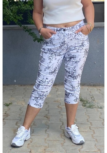 Kadın Beyaz-siyah Yaprak Deseli Kot Kapri Beyaz-siyah
