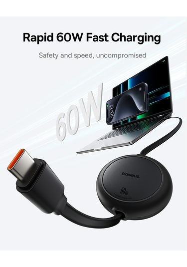 Baseus Free2pull Mini Makaralı Usb-c To Usb-c 100w Hızlı Şarj Ve Data Kablosu, Siyah 100 Cm